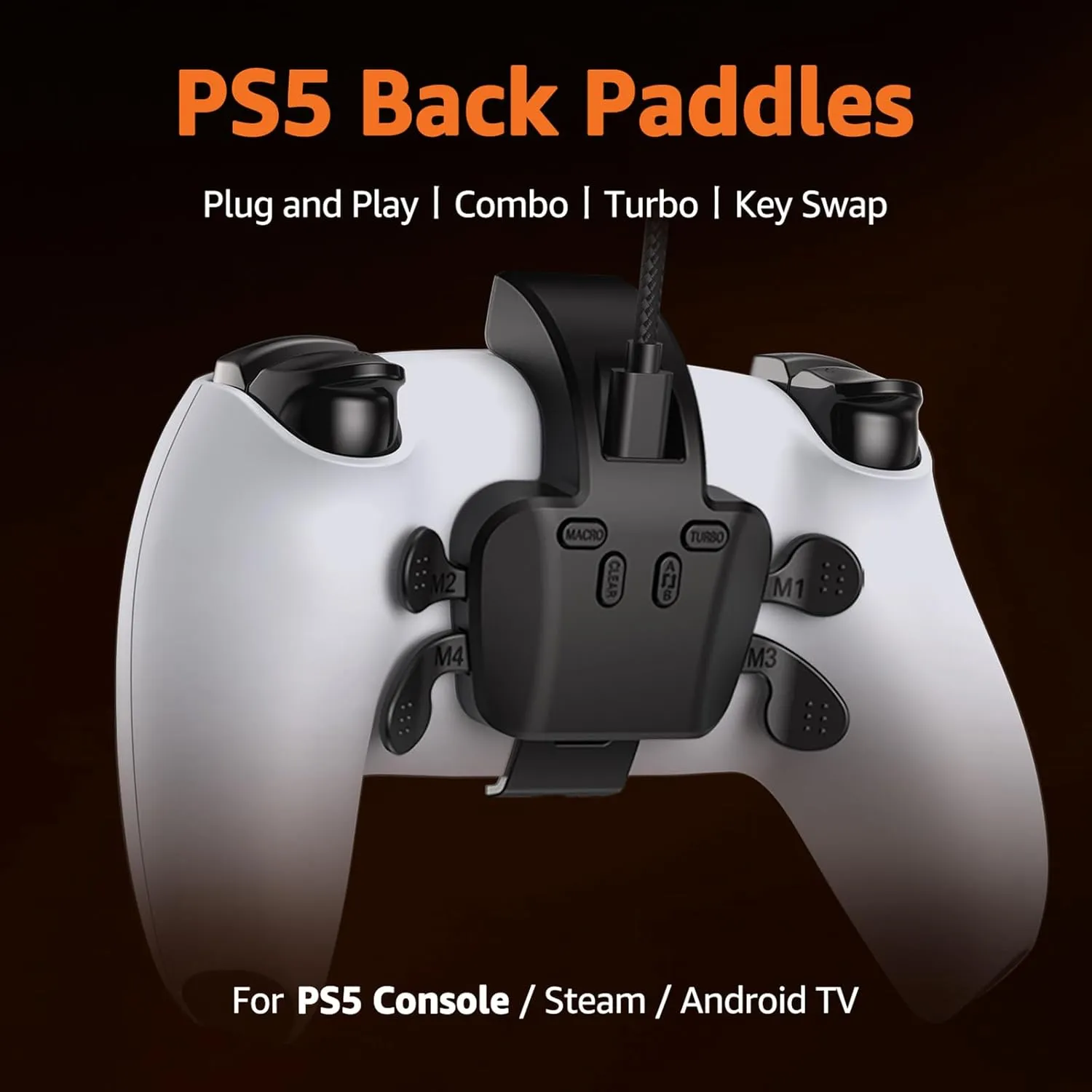 GMVOX Plug and Play Back Paddles for PS-5 Controller, 4-Button Back Button Attachment with Programmable, Turbo, Key Mapping Functions, Compatible with PS5 Console, PC, Mac, Android TV(Black)