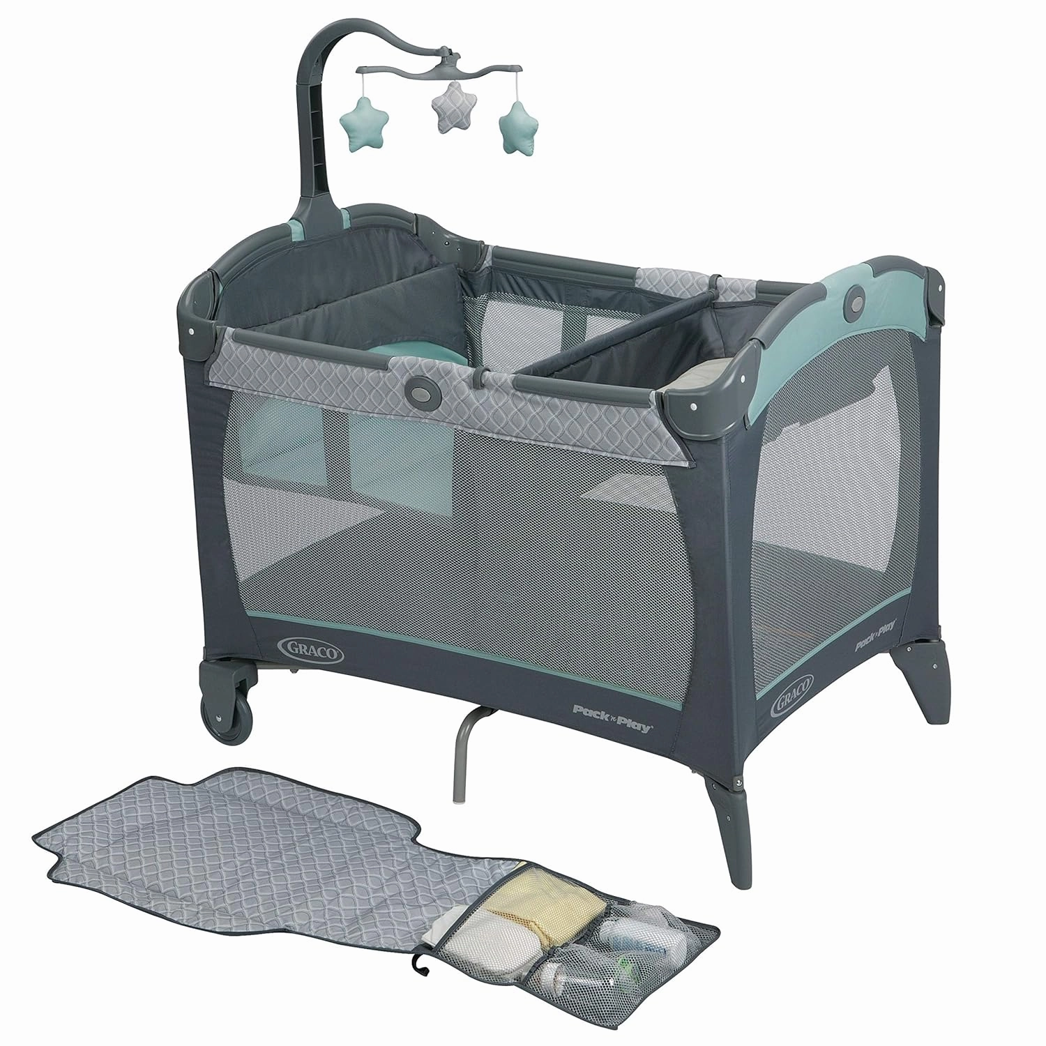Graco Pack and Play Change 'n Carry Playard | Includes Portable Changing Pad, Manor, 40x28.5x29 Inch (Pack of 1)
