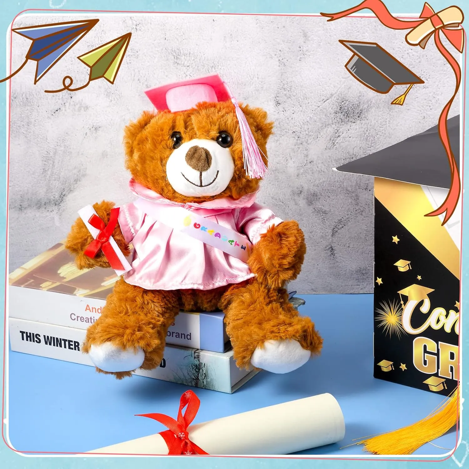 Graduation Bear 2025 with Gown Cap Tassel 14” Pink Graduation Stuffed Animal Plush Bear Toy for Class of 2025 Prek Preschool Kindergarten High School College Graduate Gift