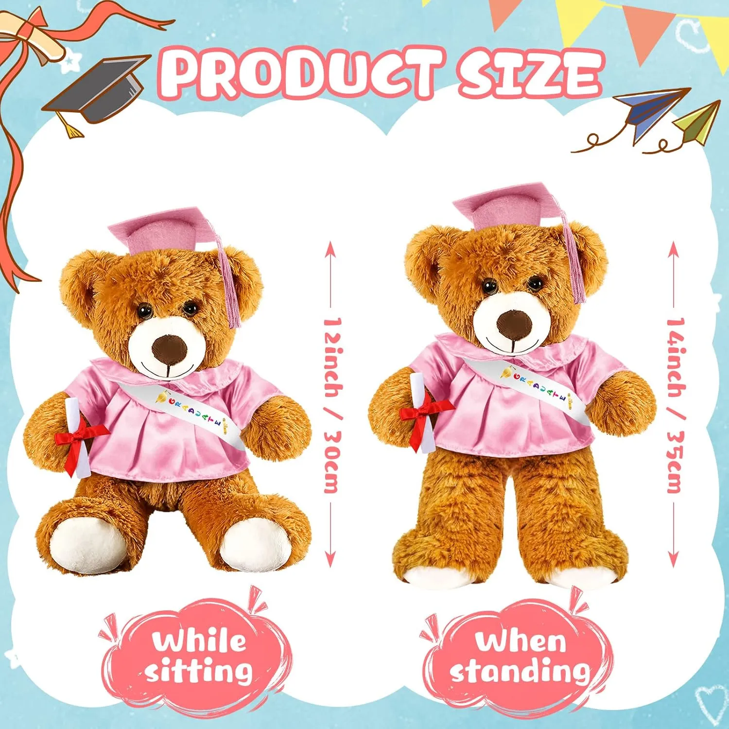 Graduation Bear 2025 with Gown Cap Tassel 14” Pink Graduation Stuffed Animal Plush Bear Toy for Class of 2025 Prek Preschool Kindergarten High School College Graduate Gift