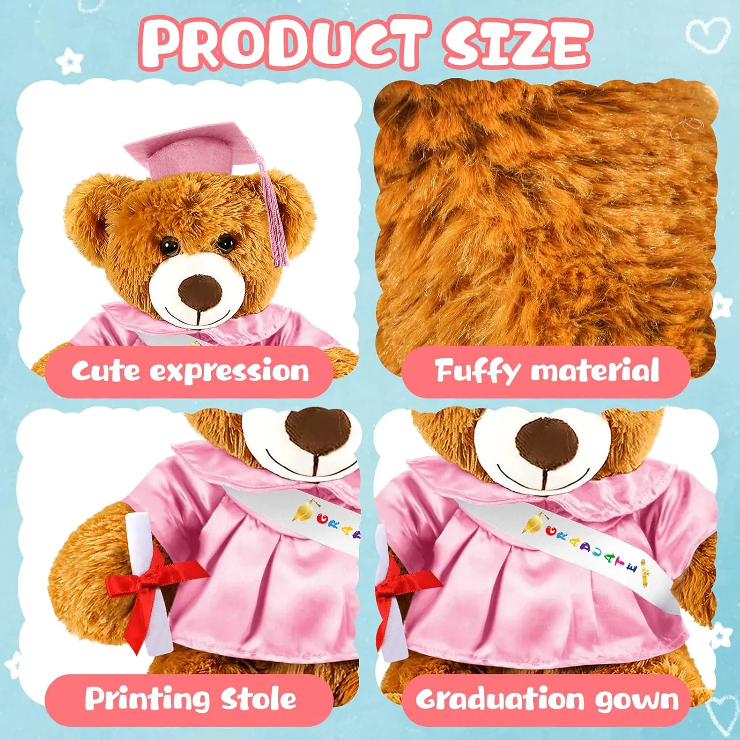 Graduation Bear 2025 with Gown Cap Tassel 14” Pink Graduation Stuffed Animal Plush Bear Toy for Class of 2025 Prek Preschool Kindergarten High School College Graduate Gift