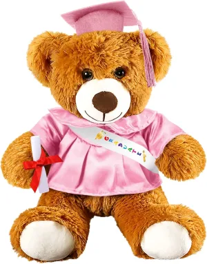 Graduation Bear 2025 with Gown Cap Tassel 14” Pink Graduation Stuffed Animal Plush Bear Toy for Class of 2025 Prek Preschool Kindergarten High School College Graduate Gift