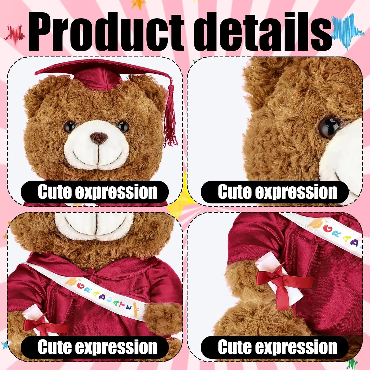 Graduation Bears 2025 Plush Stuffed Animal Bear with Gown Cap Tassel Set Cute Brown Graduate Gifts Stuffed Animal Doll Plush Toy for Graduation Party Supplies(13.8 Inch,Dark Red)