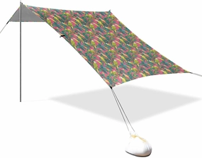 Green Birds Pink Foldable Beach Canopy UPF50  Protection Easy Setup Large Sun Shade with Sand Pockets for Camping Trips, Fishing, Backyard Fun or Picnics