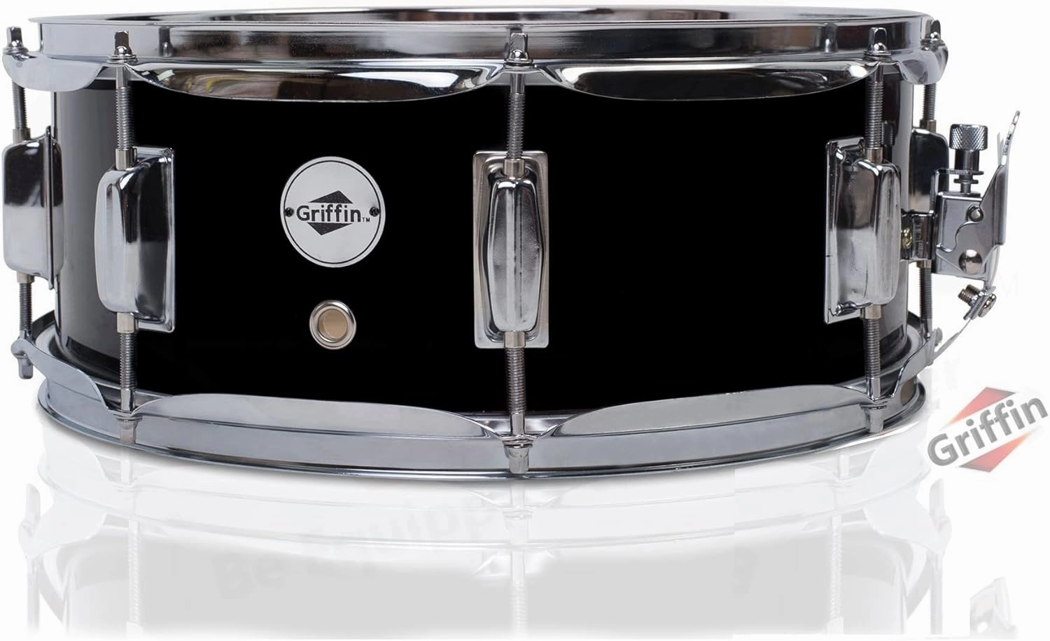 GRIFFIN Snare Drum | Poplar Wood Shell 14" x 5.5" with Black PVC & Coated Head | Acoustic Marching Percussion Musical Instrument Set with Drummers Key, 8 Metal Tuning Lugs & Snare Strainer Throw Off