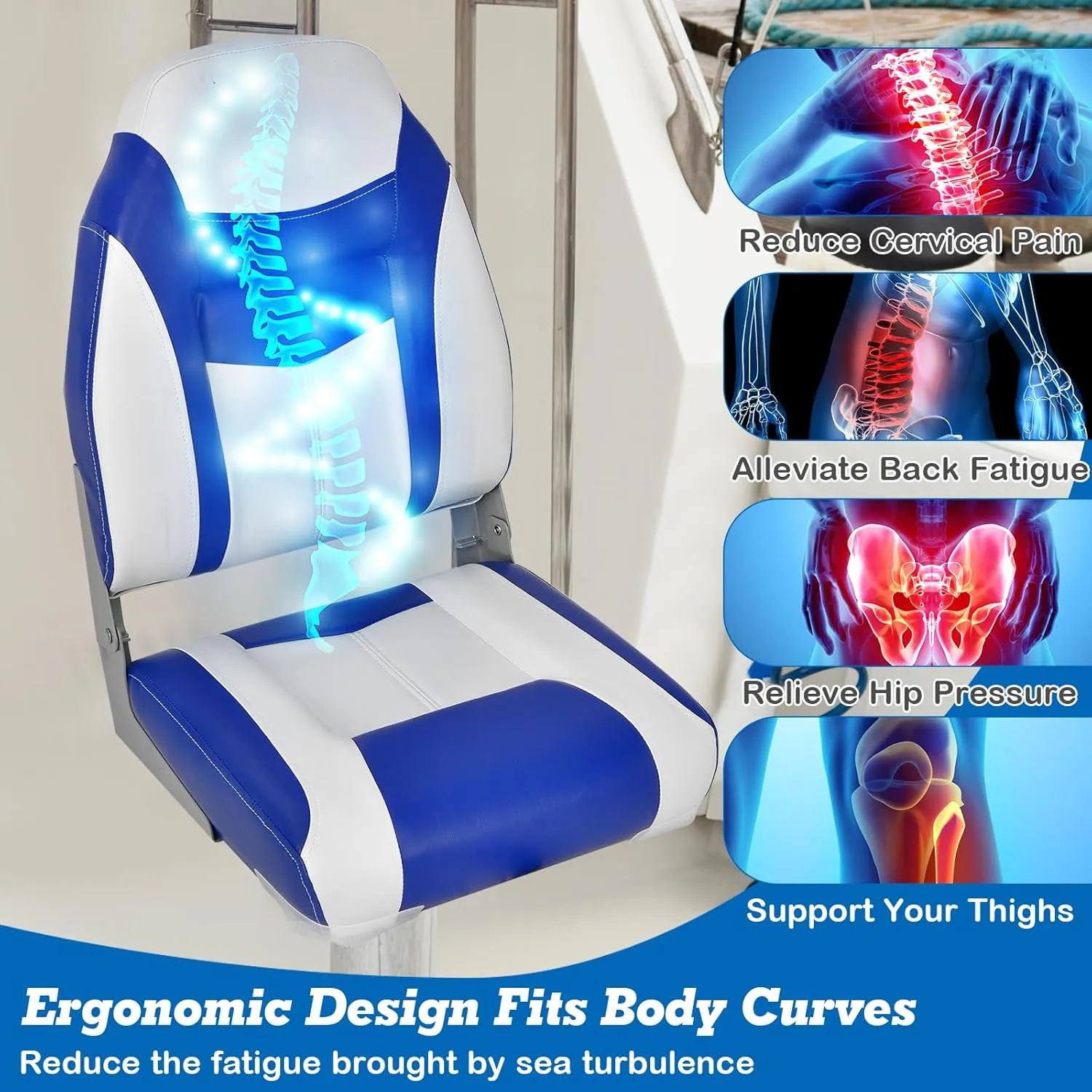 GYMAX Boat Seats, Folding High Back Boat Seats with Stainless Steel Screw Included, Fold-Down Boat Captain Chairs for Fishing Yachts