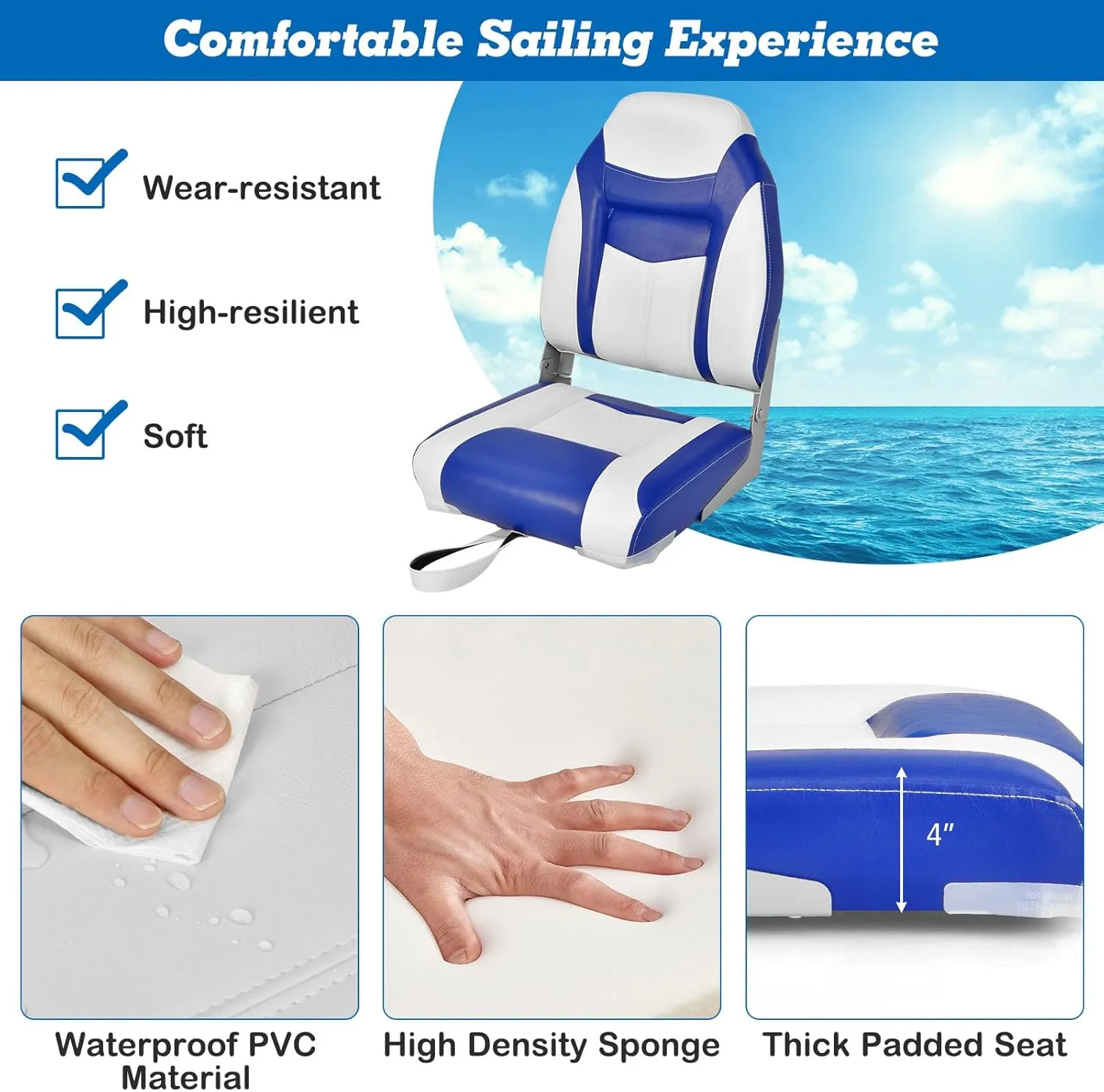GYMAX Boat Seats, Folding High Back Boat Seats with Stainless Steel Screw Included, Fold-Down Boat Captain Chairs for Fishing Yachts