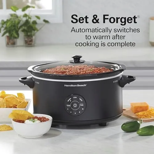 Hamilton Beach 6 Quart Set & Forget Programmable Slow Cooker, 15 Cooking Options With 5 Time and 3 Heat Options, Large Dishwasher Safe Stoneware Crock and Glass, Black (33762)