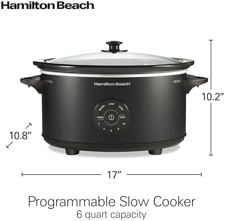 Hamilton Beach 6 Quart Set & Forget Programmable Slow Cooker, 15 Cooking Options With 5 Time and 3 Heat Options, Large Dishwasher Safe Stoneware Crock and Glass, Black (33762)