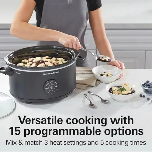 Hamilton Beach 6 Quart Set & Forget Programmable Slow Cooker, 15 Cooking Options With 5 Time and 3 Heat Options, Large Dishwasher Safe Stoneware Crock and Glass, Black (33762)