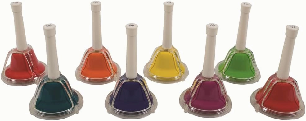 HB9201 8-Note Diatonic Set: Handbell & Deskbell Combo - Push-Button & Hand Ringing Features - Complete Musical Note Range for All Your Needs.