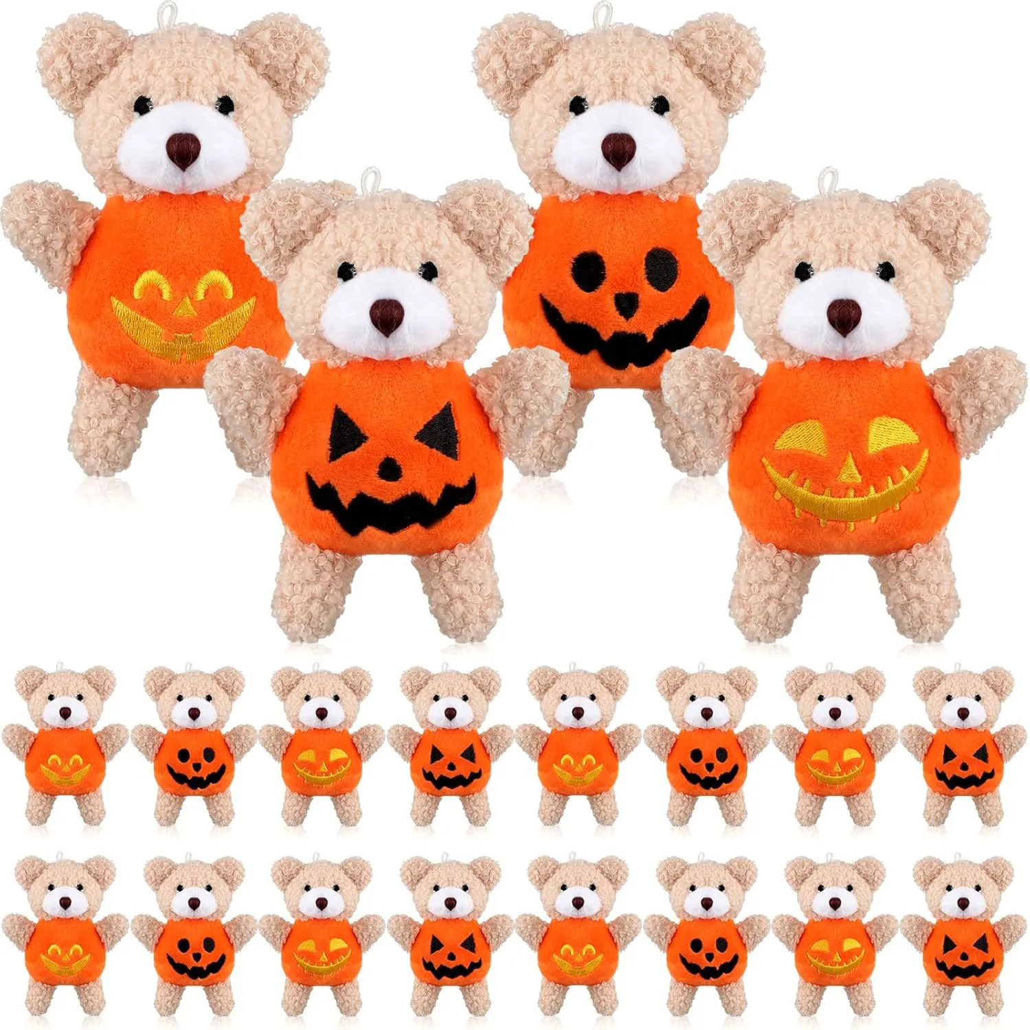Hiboom 32 Pcs Halloween Plush Stuffed Animal Bear in Pumpkin Costume 4.7 Inch Mini Stuffed Bear with Hanging Rope Soft Bear Doll DIY Keychain Bag Decor for Boys Girls Halloween Birthday Party Supply