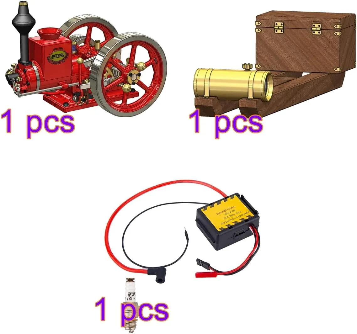 Hit and Miss Engine Model Kit That Works, Retrol HM-01 7CC 4-Stroke Horizontal IC Engine Model, Mini Metal Engine Physical Experiment Toy (with Start Kit & CDI Igniter)
