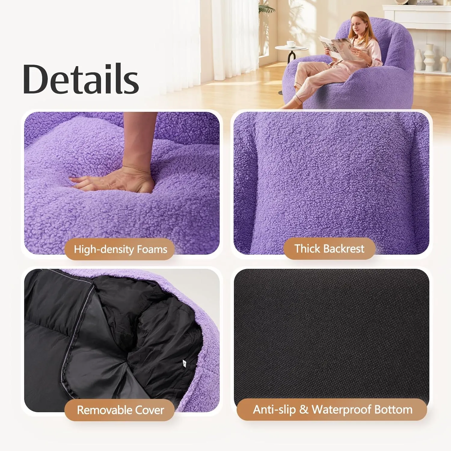 Homguava Bean Bag Chairs for Adults,Giant Beanbag Couch Adult Bean Bag Chair with Filler Included,Modern Lazy Sofa Comfy Chair for Living Room(Purple)