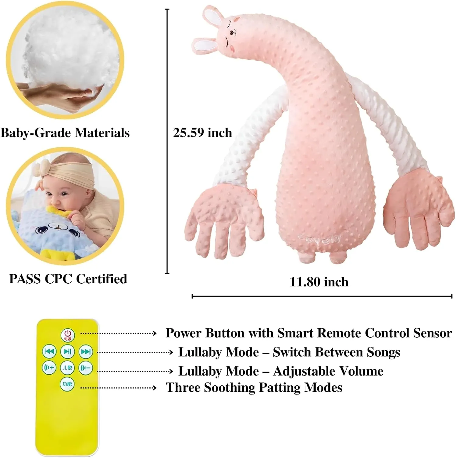 HONEYJOY Sweet Bunny Plush Pal for Tummy Time & Supported Play, Soft Minky Sensory Companion for Floor Activities, Supportive Body Cushion for Baby & Toddler