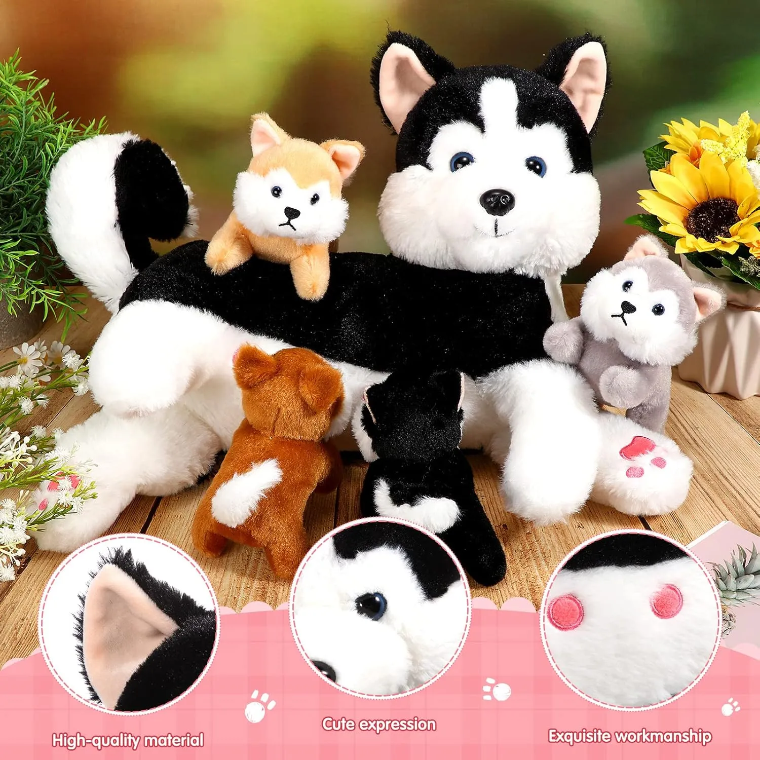 Honoson Nurturing Dog Mommy Plush Set with 4 Baby Puppies Soft Cute Dog Themed Stuffed Plush Toys for Kids Girls Boys Easter Birthday Gifts(Husky)