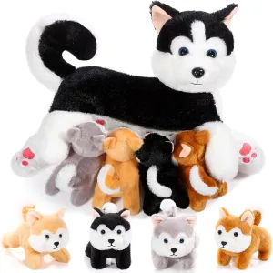 Honoson Nurturing Dog Mommy Plush Set with 4 Baby Puppies Soft Cute Dog Themed Stuffed Plush Toys for Kids Girls Boys Easter Birthday Gifts(Husky)