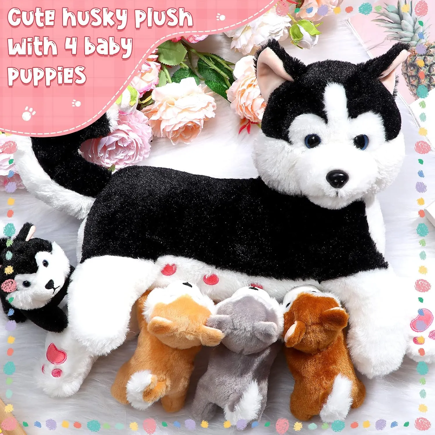 Honoson Nurturing Dog Mommy Plush Set with 4 Baby Puppies Soft Cute Dog Themed Stuffed Plush Toys for Kids Girls Boys Easter Birthday Gifts(Husky)