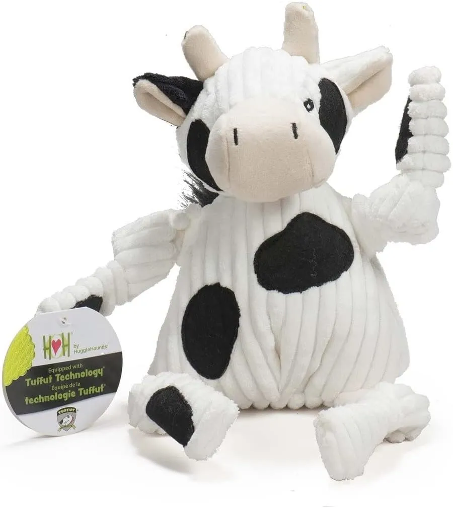 HuggleHounds Knottie Plush Dog Toy - Dog Stuffed Animal Toy, Squeaky Puppy Toys, for Small, Medium & Large Dogs, Durable Plush to Keep Them Busy - Dottie Cow, Large