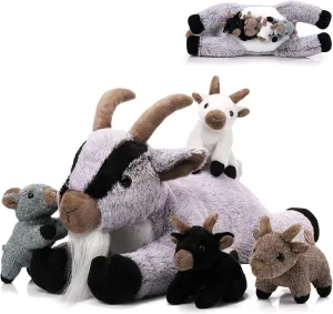 HyDren 5 Pcs Goat Plush Toy Set 18 Inch Mommy Goat Stuffed Animal with 4 Stuffed Kids in Zippered Tummy Soft Plushies for Children's Day Gifts Birthday Farm Party Decors Sleeping Companion