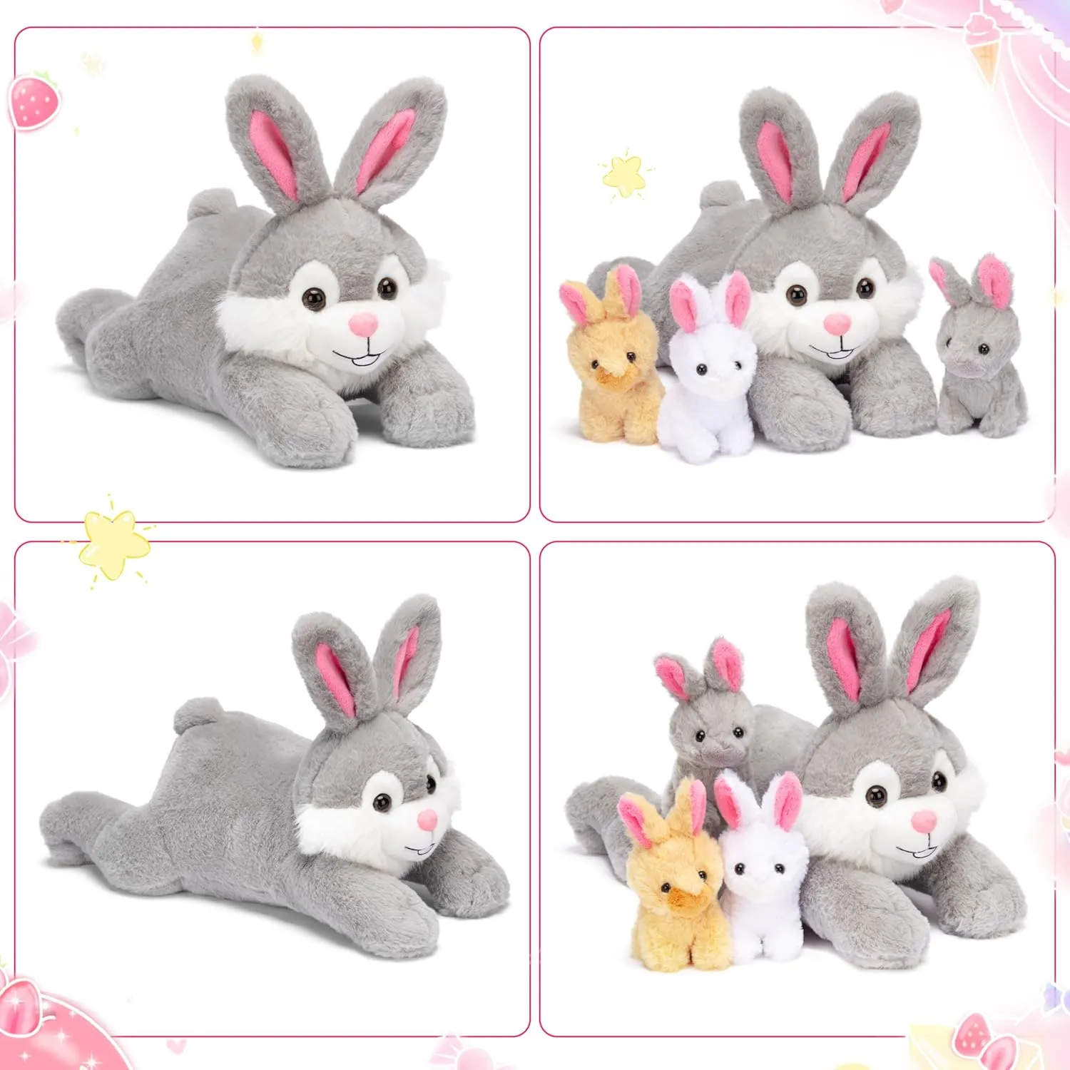 IKASA Mommy Bunny Stuffed Animal Mom and Baby Rabbits Plush Toy, Cute 16.5" Soft Small Mama Family Set Cuddly Toys with Little Mini Babies,Gifts for Kids