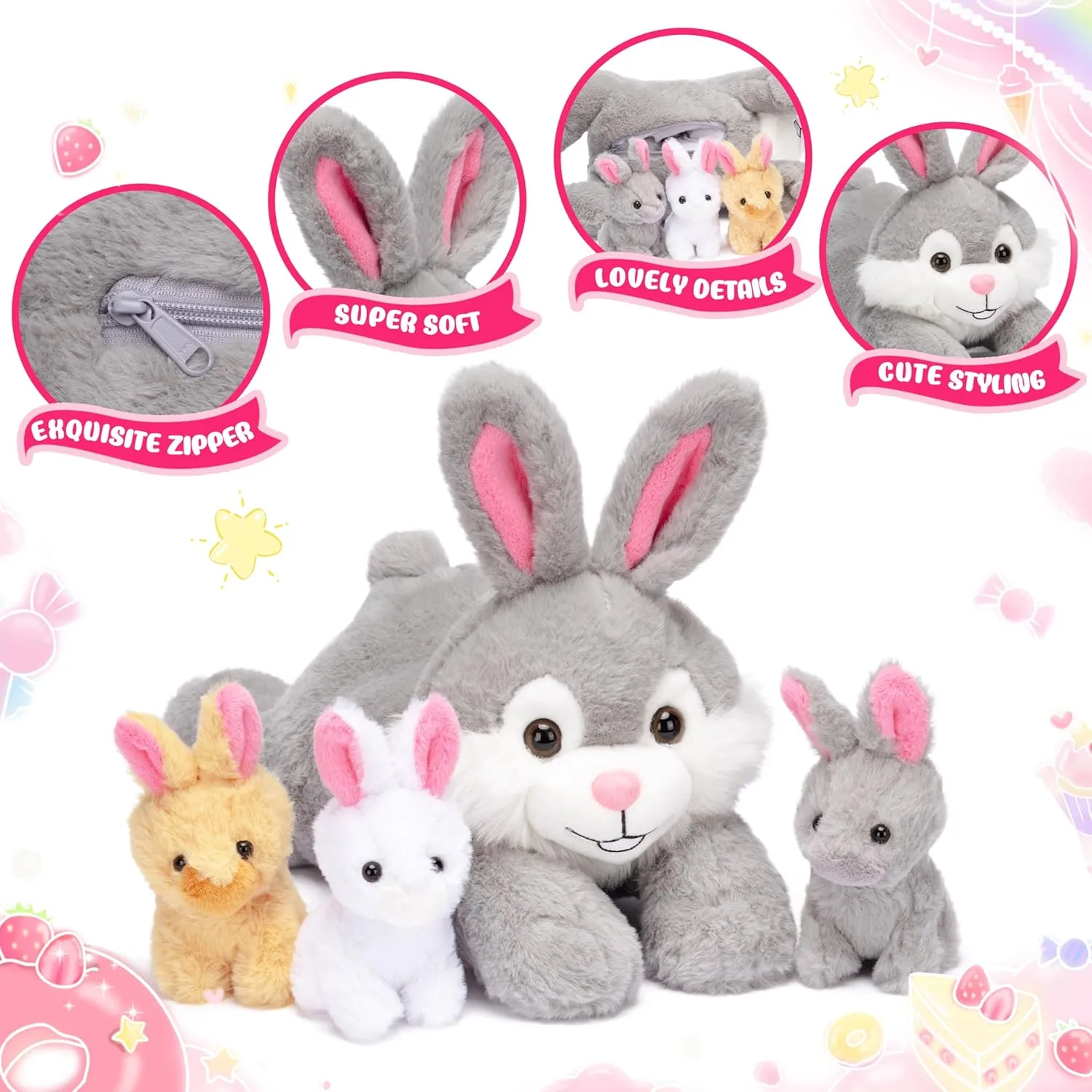 IKASA Mommy Bunny Stuffed Animal Mom and Baby Rabbits Plush Toy, Cute 16.5" Soft Small Mama Family Set Cuddly Toys with Little Mini Babies,Gifts for Kids