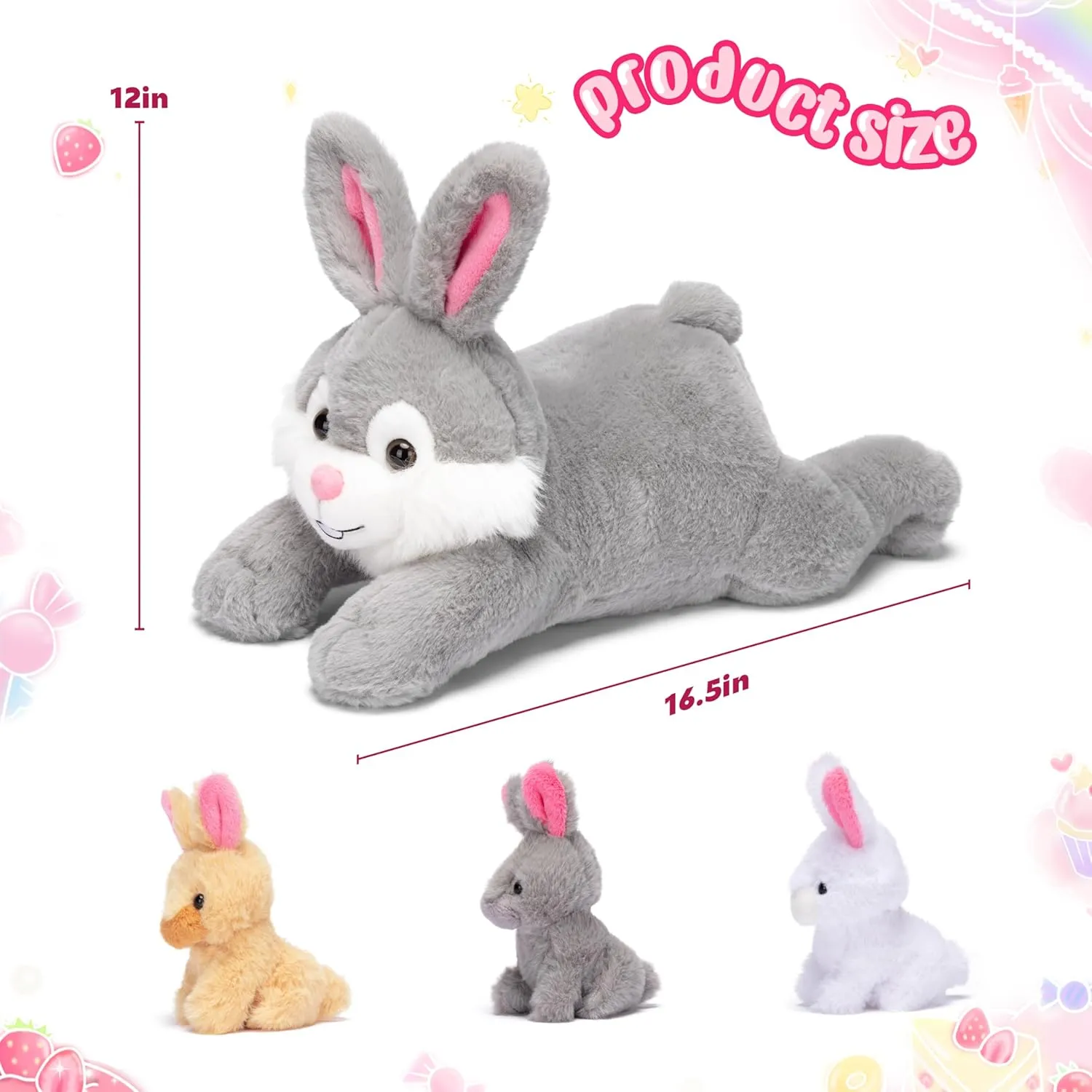 IKASA Mommy Bunny Stuffed Animal Mom and Baby Rabbits Plush Toy, Cute 16.5" Soft Small Mama Family Set Cuddly Toys with Little Mini Babies,Gifts for Kids