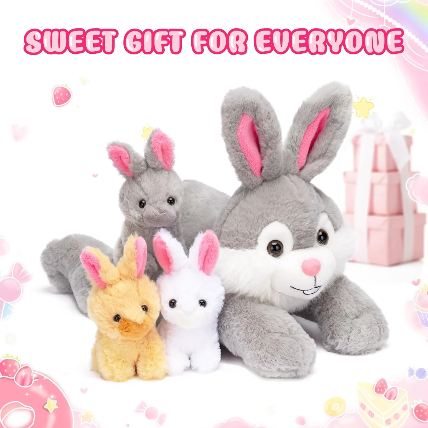 IKASA Mommy Bunny Stuffed Animal Mom and Baby Rabbits Plush Toy, Cute 16.5" Soft Small Mama Family Set Cuddly Toys with Little Mini Babies,Gifts for Kids