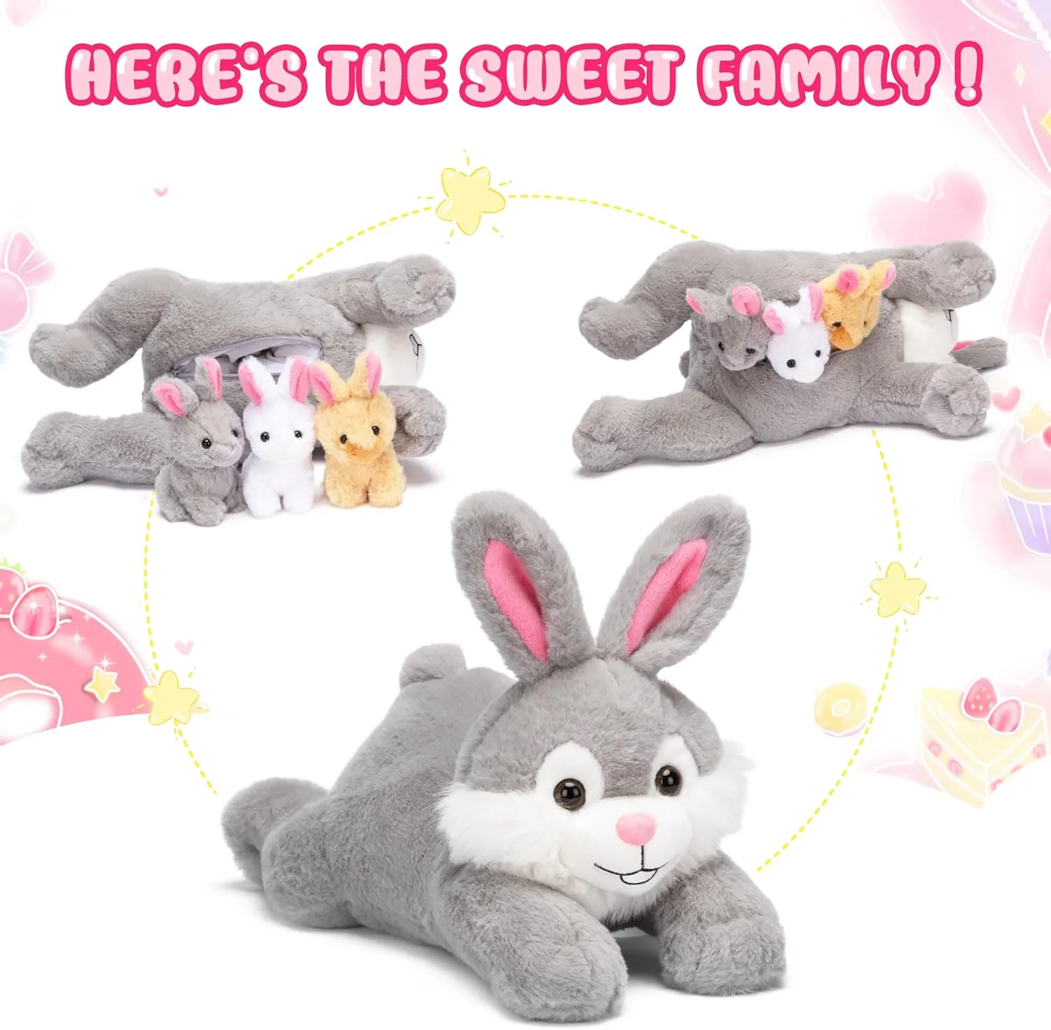 IKASA Mommy Bunny Stuffed Animal Mom and Baby Rabbits Plush Toy, Cute 16.5" Soft Small Mama Family Set Cuddly Toys with Little Mini Babies,Gifts for Kids