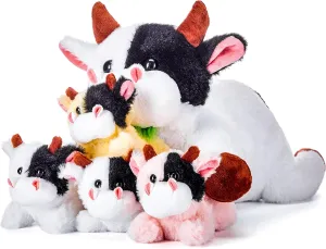 IKASA Mommy Cow Stuffed Animal Mom and Baby Plush,Cute 17" Soft Small Fluffy Mama Family Set Cuddly Huggable Toy with Little Mini Babies