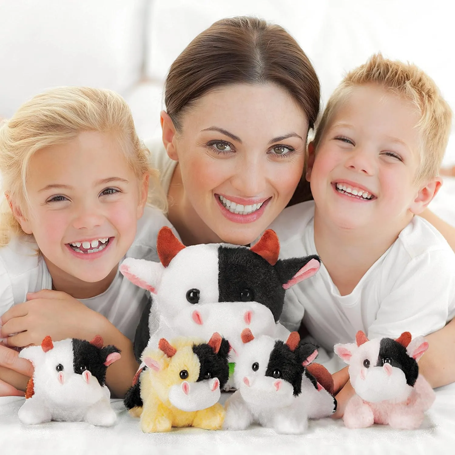 IKASA Mommy Cow Stuffed Animal Mom and Baby Plush,Cute 17" Soft Small Fluffy Mama Family Set Cuddly Huggable Toy with Little Mini Babies