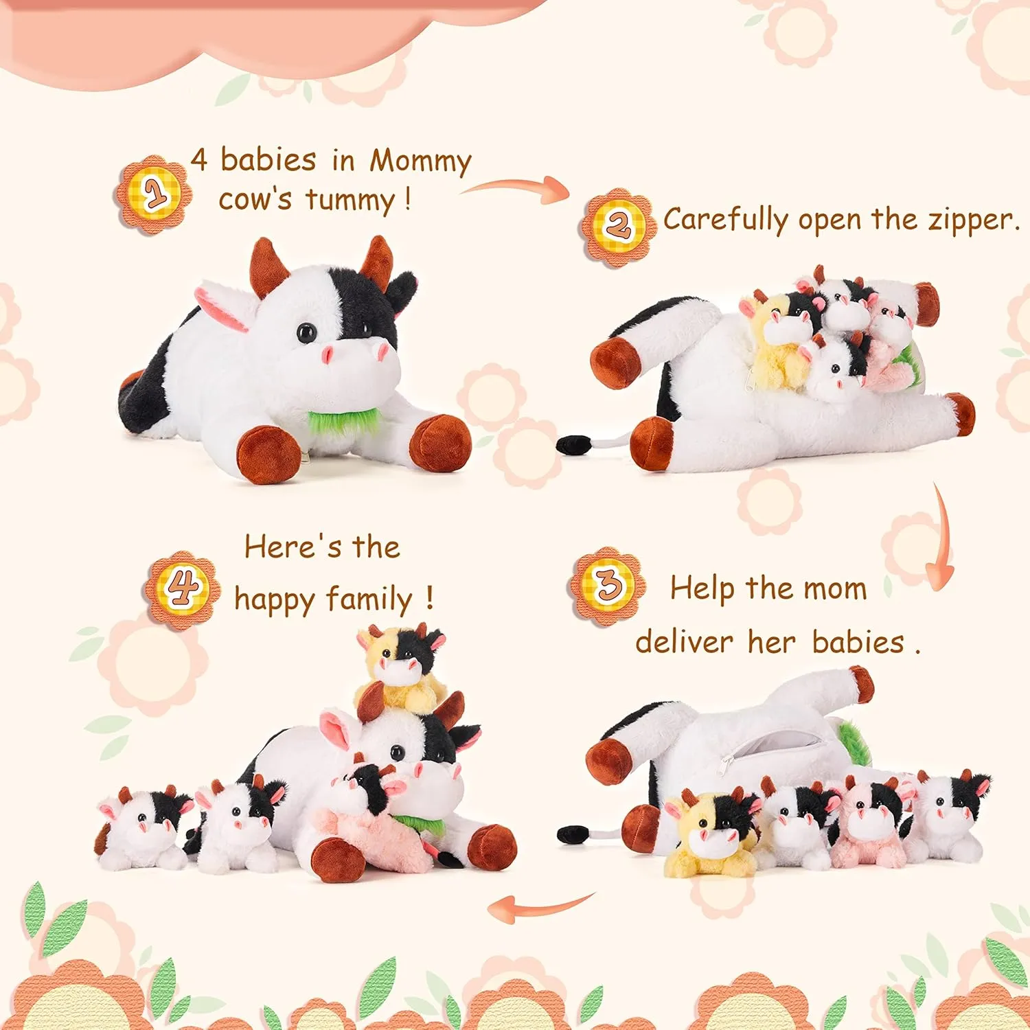 IKASA Mommy Cow Stuffed Animal Mom and Baby Plush,Cute 17" Soft Small Fluffy Mama Family Set Cuddly Huggable Toy with Little Mini Babies