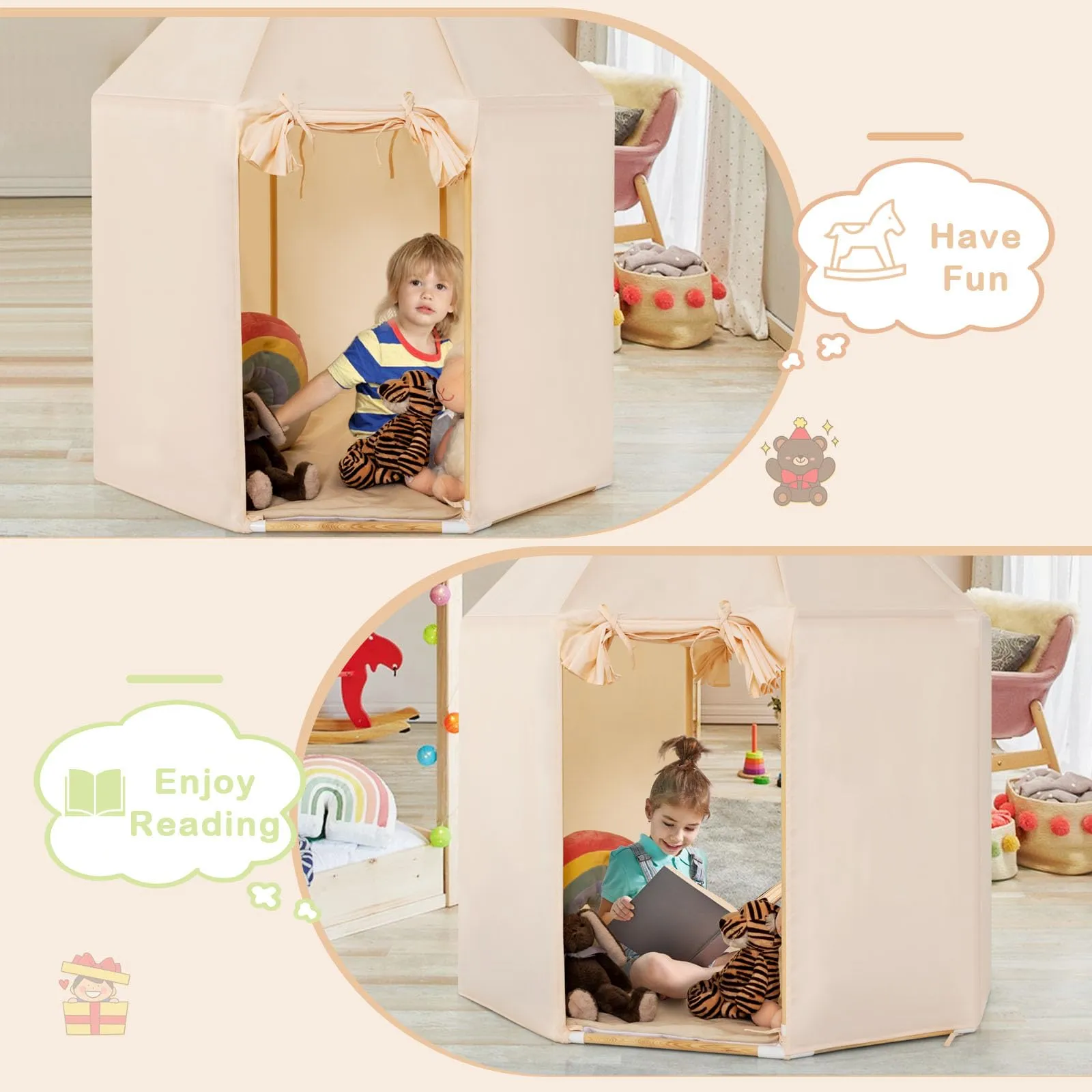 INFANS Kids Play Tent with Washable Mat, Anti-Trip Large Playhouse Toys with 2 Doors