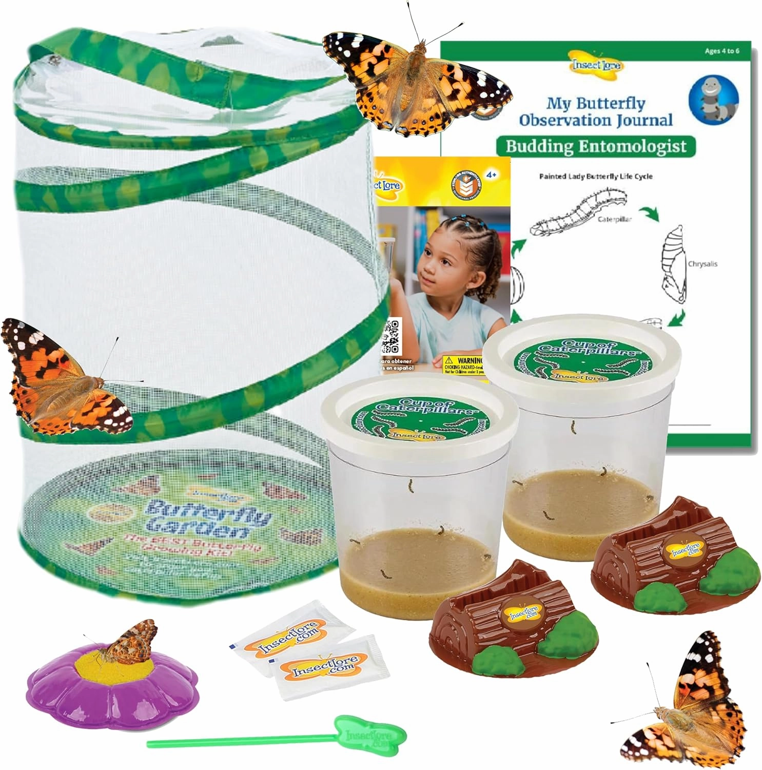 Insect Lore Butterfly Garden | 10 Live Baby Caterpillars | Habitat, STEM Journal, Chrys-A-Lids, Feeder | Raise and Release Painted Lady Butterflies