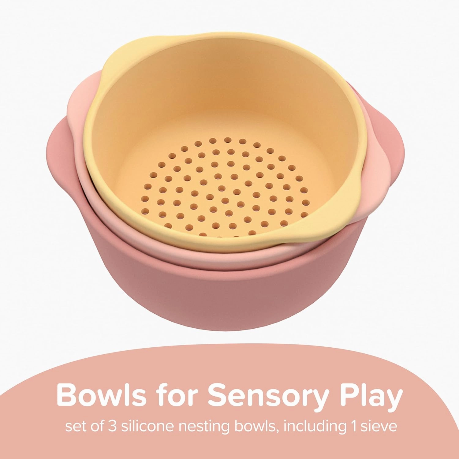 Inspire My Play - 3 x Nesting Bowls and Sieve - Perfect for Sensory PlayTray - Sensory Bin Accessories - Special Education Classroom Supplies - Montessori Education Toys - Coral