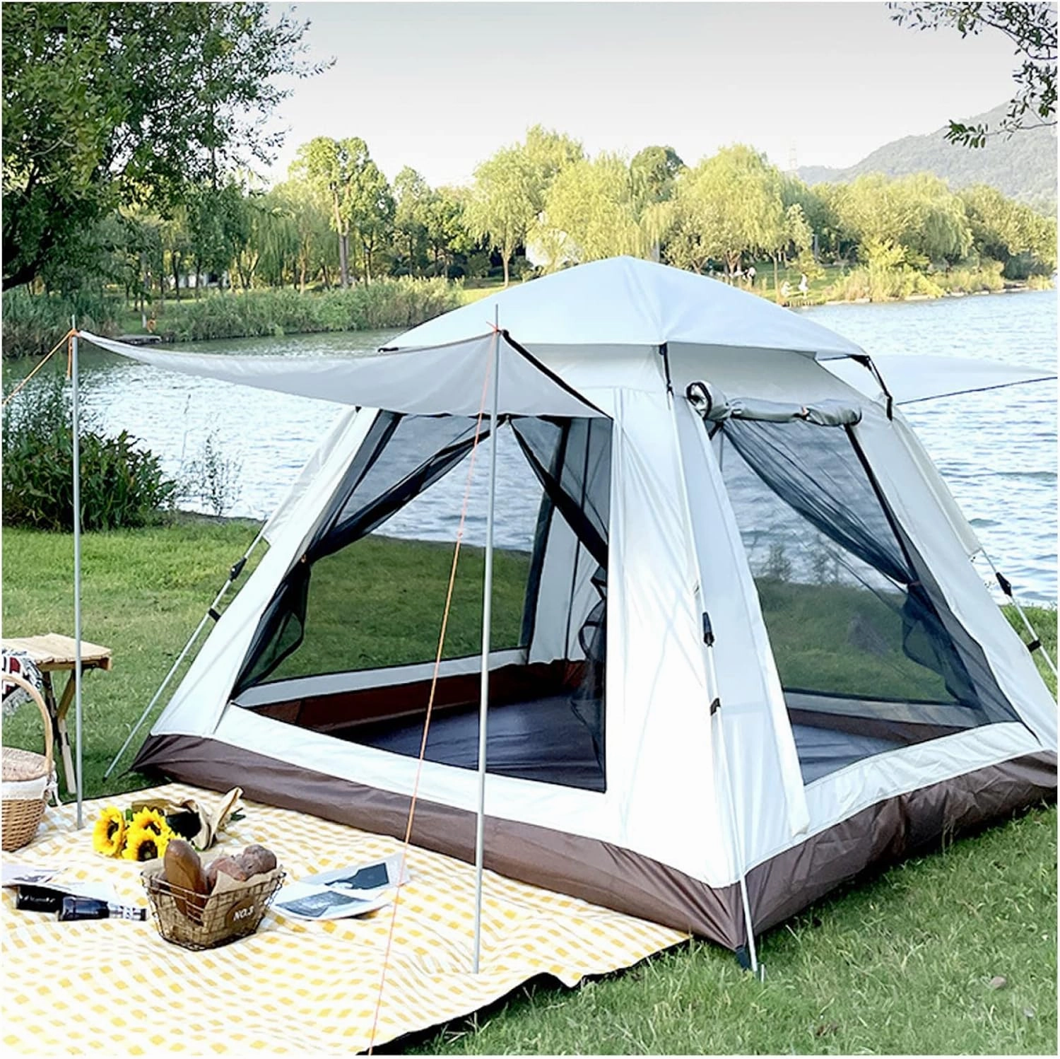 Instant Tent 4 People Pop Open in Three Seconds,Double Doors and Four Windows Family Camping Tent Sturdy and Practical Easy Up Tent for Hiking Camping