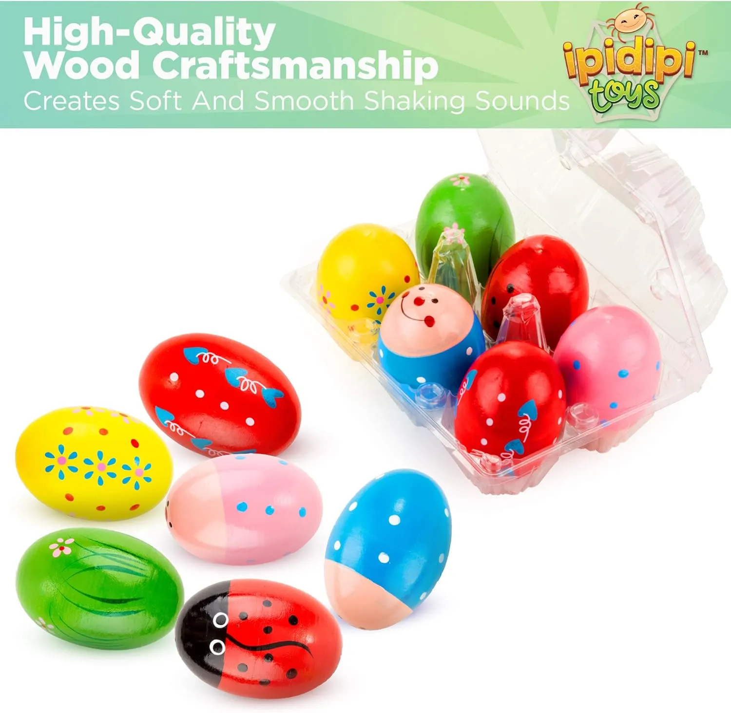 IPIDIPI TOYS Egg Shakers Maracas for Kids – Wooden Musical Toy Percussion Instruments, Montessori Sound Making, Goodie Bag Stuffers – Colorful Designed, Pack of 6