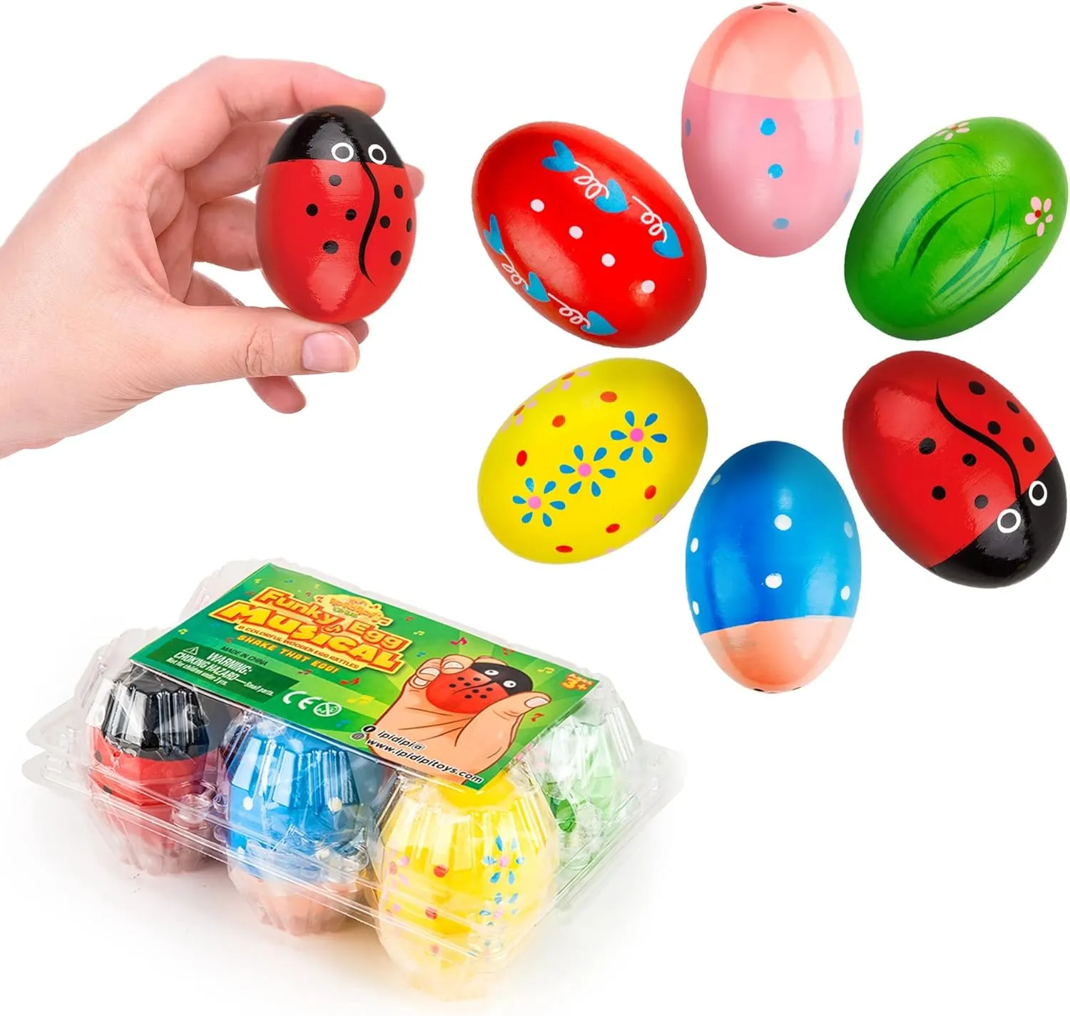 IPIDIPI TOYS Egg Shakers Maracas for Kids – Wooden Musical Toy Percussion Instruments, Montessori Sound Making, Goodie Bag Stuffers – Colorful Designed, Pack of 6