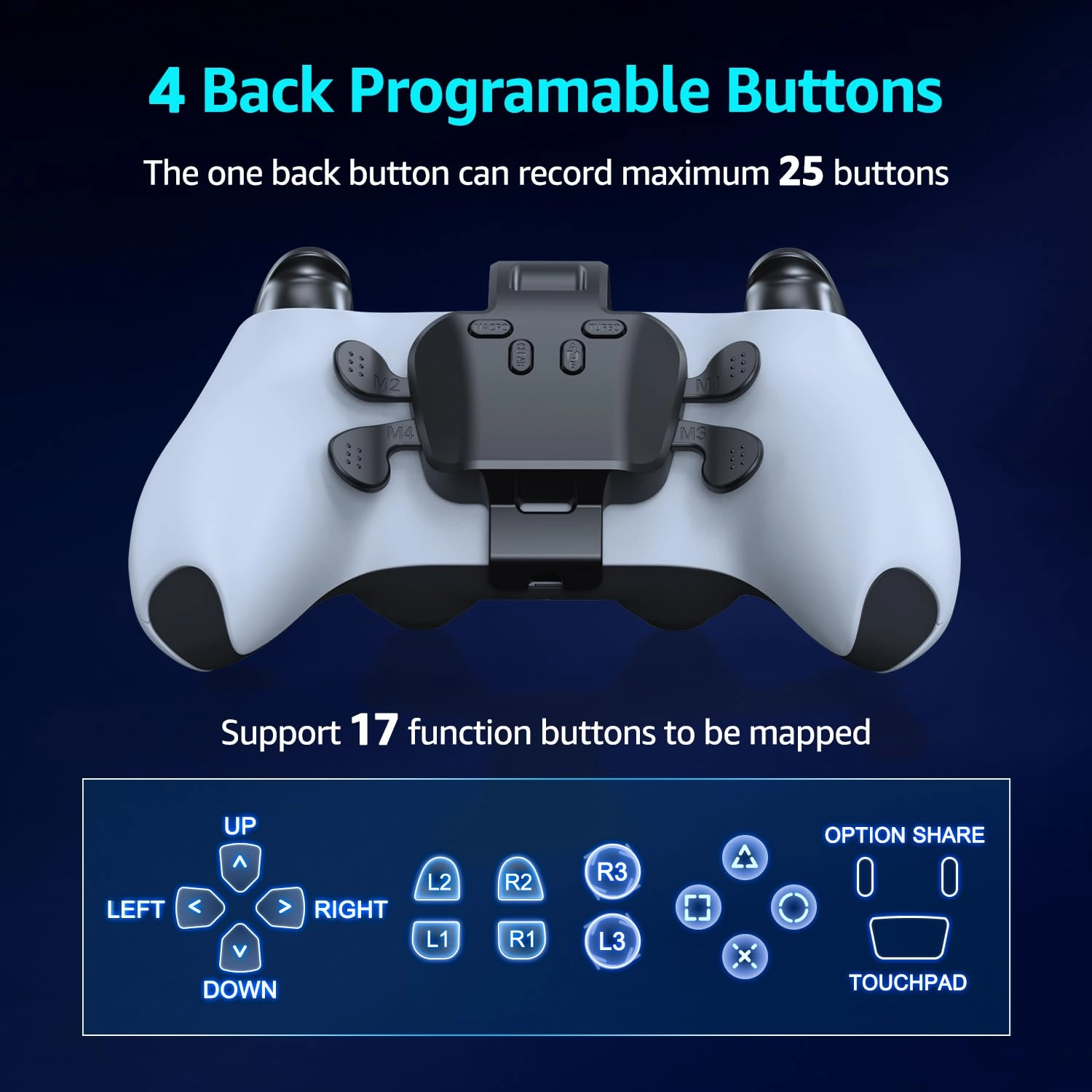 IWGAME Back Paddles for PS5 Controller, Plug and Play with 4 Back Buttons Attachment Compatible with PS5/PC/MAC, Support Turbo, Rrogrammable, Map, Key Swap Functions(Not include Controller)