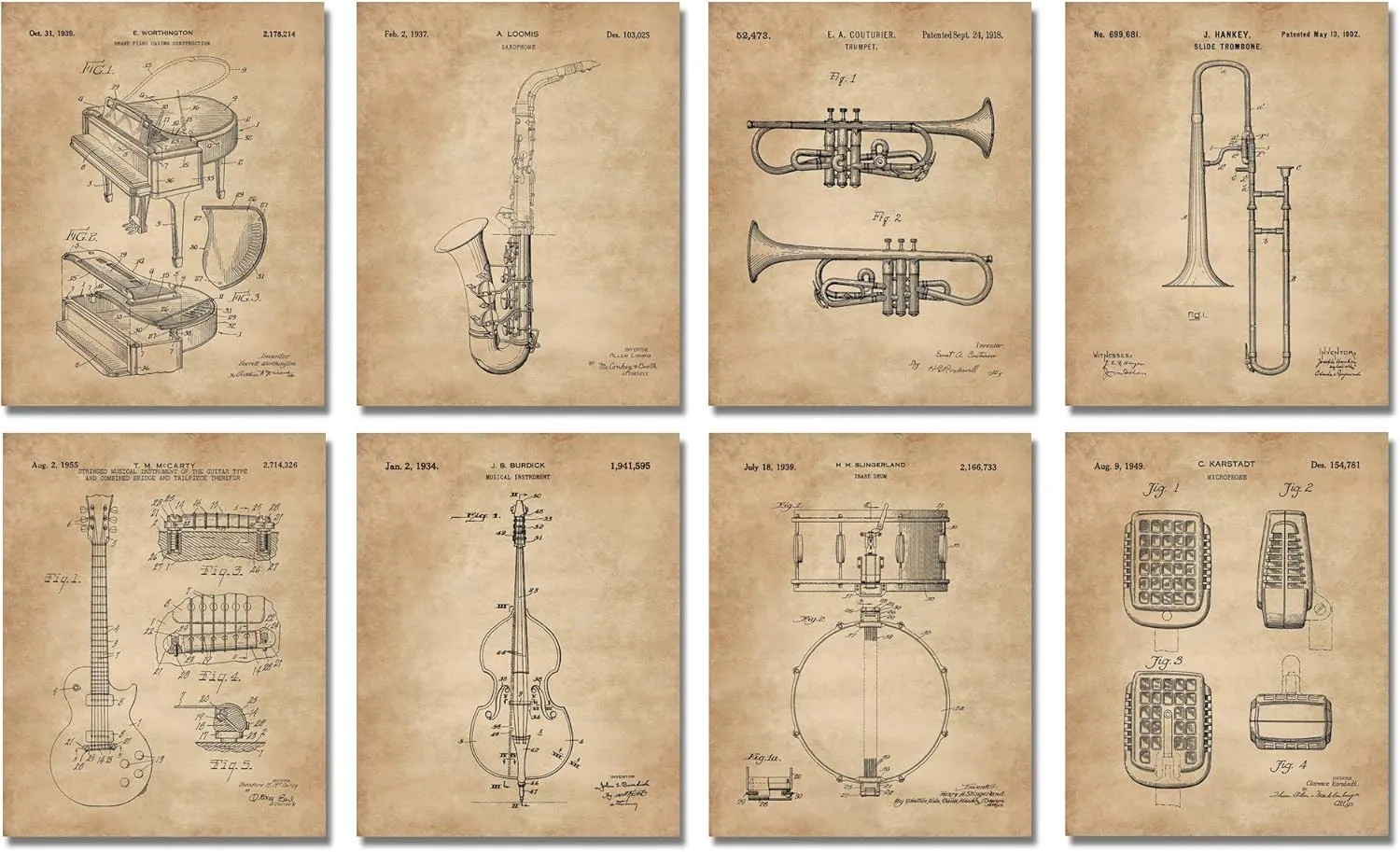 Jazz Decorations Wall Art Jazz Lovers Gifts Music Studio Decor Set of 8 (8x10) Unframed Wall Art Patent Prints Saxophone Trumpet Piano Trombone Guitar Blues Musical Instruments Poster