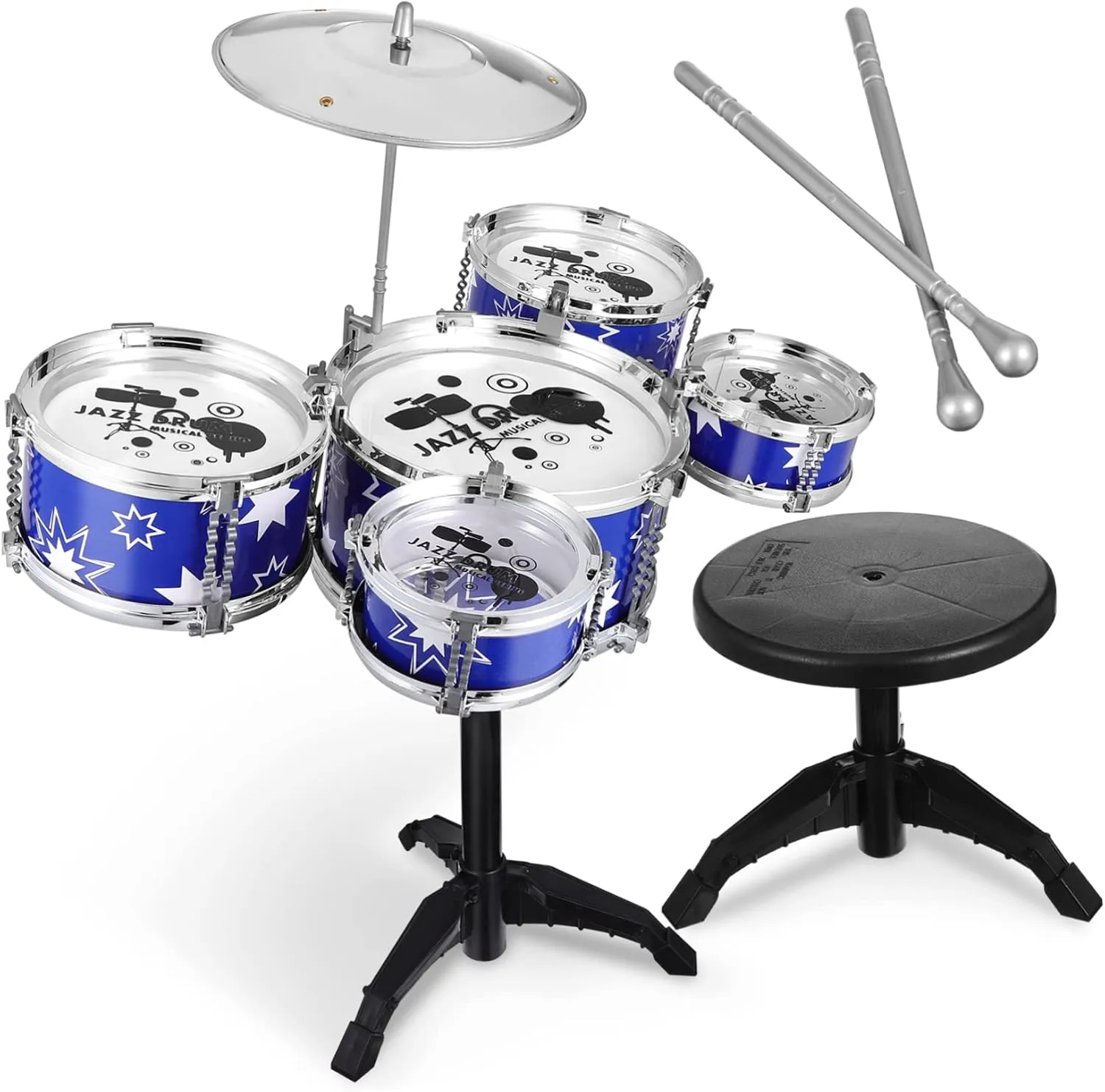 Jazz Drum Set with Stool Percussion Playset for Beginner Musical Instrument Stylish Design for Boys and Ages