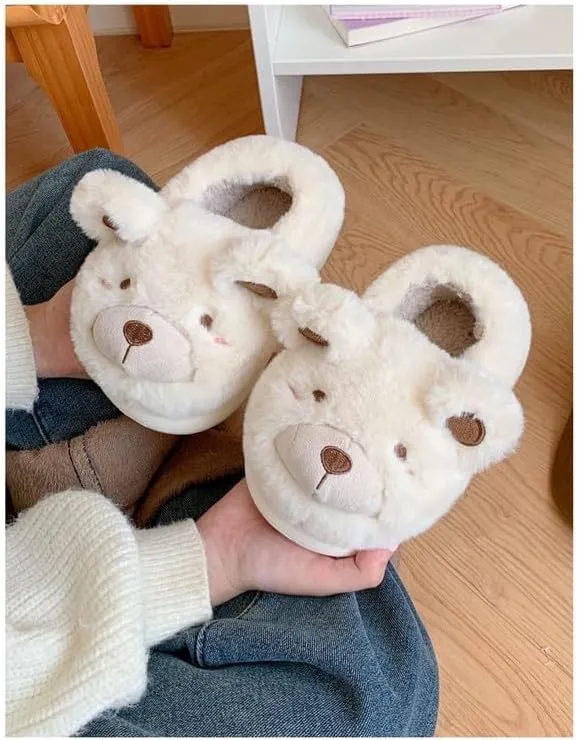 JHTPSLR Kawaii Cute Bear House Slippers - Women & Girls Winter Warm Indoor Fuzzy Slippers