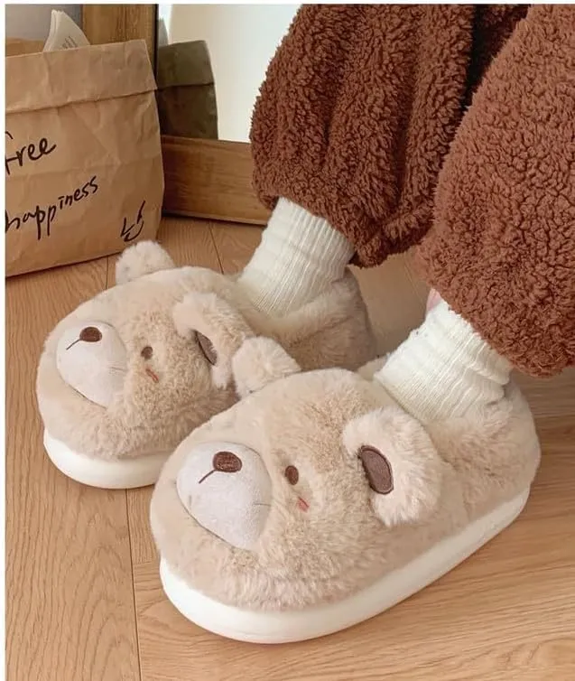 JHTPSLR Kawaii Cute Bear House Slippers - Women & Girls Winter Warm Indoor Fuzzy Slippers