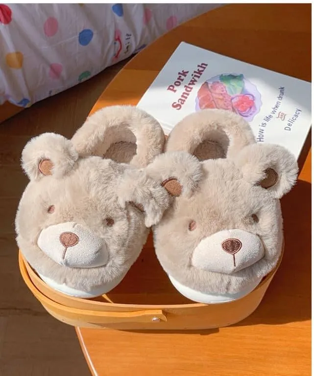 JHTPSLR Kawaii Cute Bear House Slippers - Women & Girls Winter Warm Indoor Fuzzy Slippers