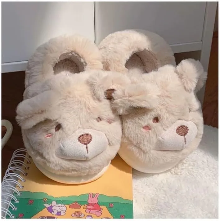 JHTPSLR Kawaii Cute Bear House Slippers - Women & Girls Winter Warm Indoor Fuzzy Slippers