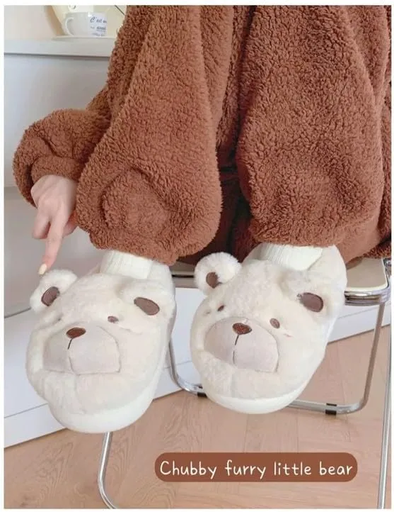 JHTPSLR Kawaii Cute Bear House Slippers - Women & Girls Winter Warm Indoor Fuzzy Slippers