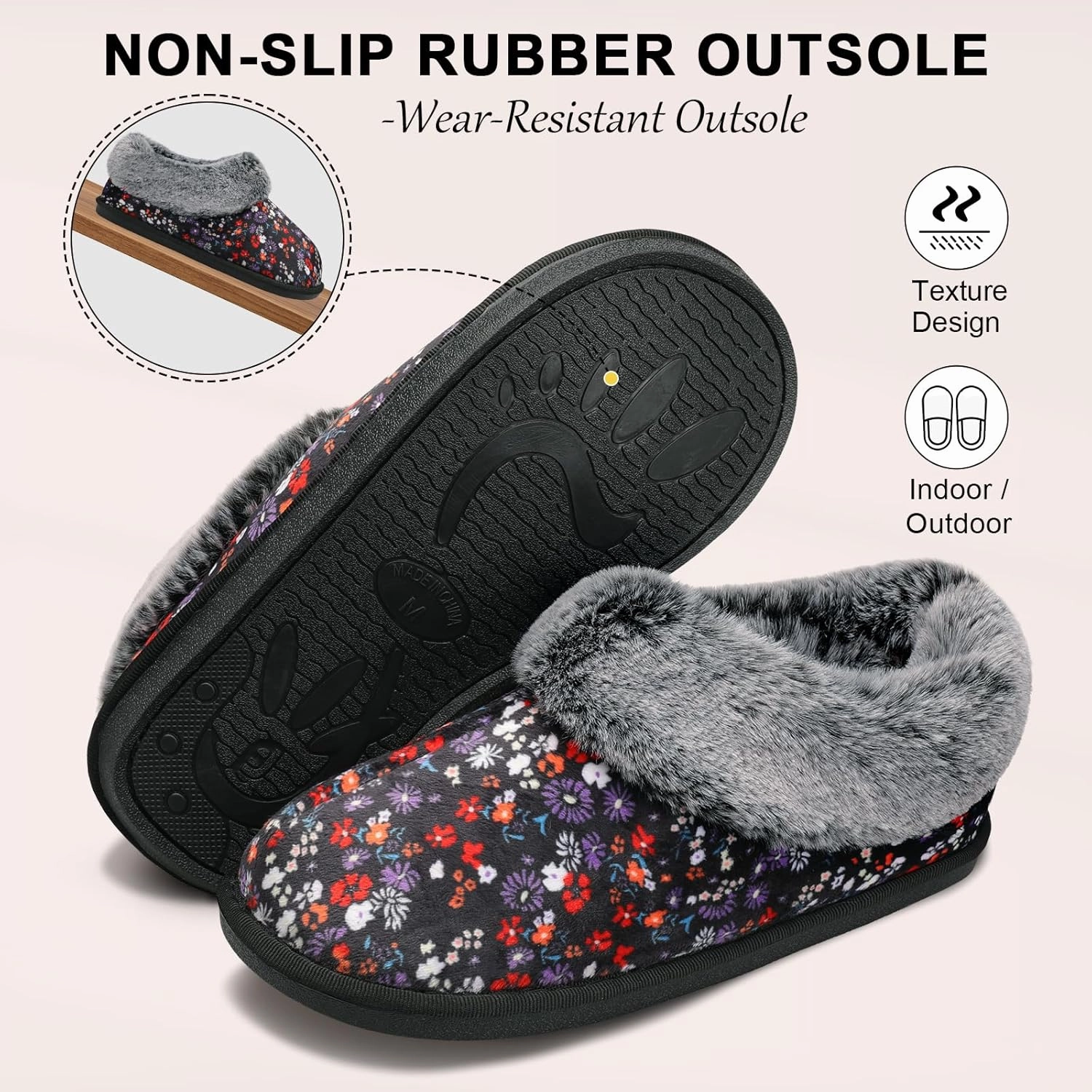 JOINFREE Women's Slippers Fuzzy House Shoes with Memory Foam Slip-on Comfy Bedroom Slippers Indoor Outdoor Shoes with Warm Faux Fur Collar