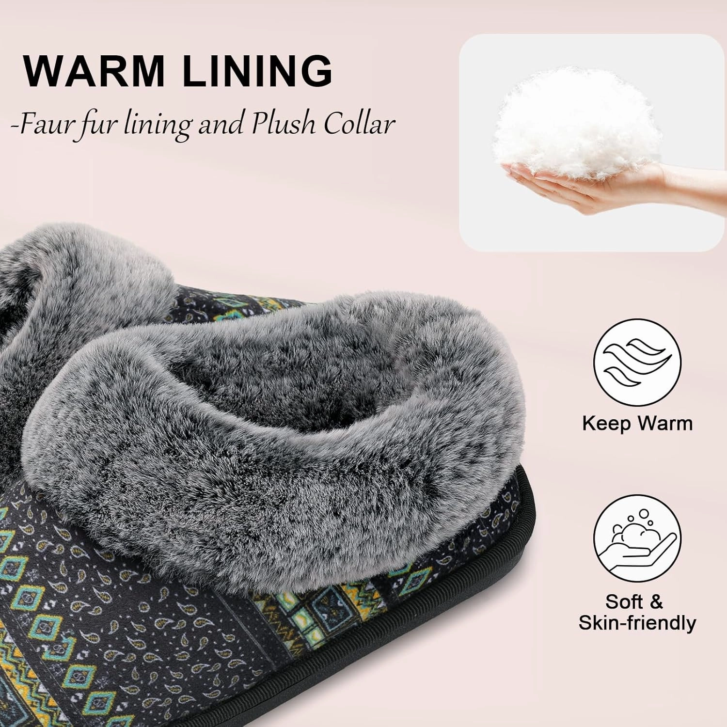 JOINFREE Women's Slippers Fuzzy House Shoes with Memory Foam Slip-on Comfy Bedroom Slippers Indoor Outdoor Shoes with Warm Faux Fur Collar
