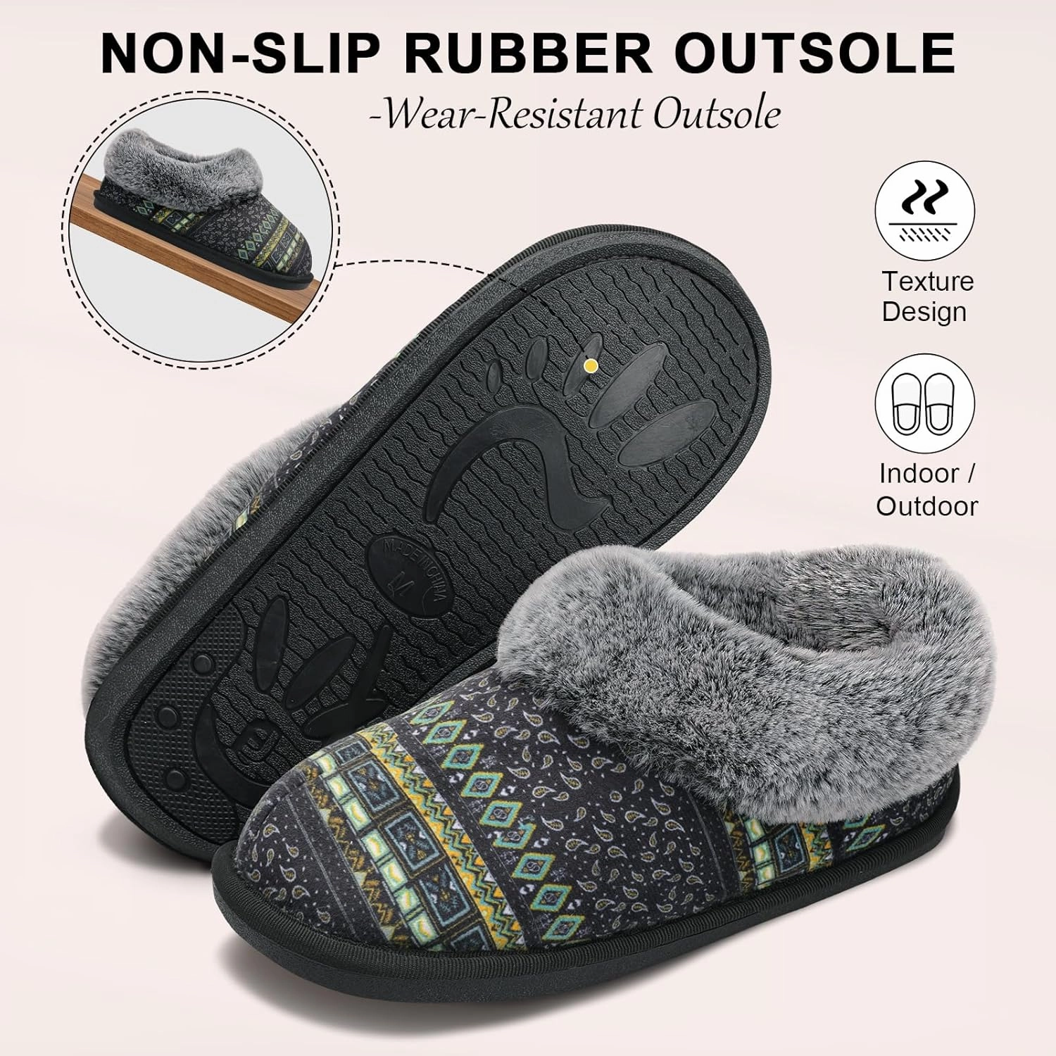 JOINFREE Women's Slippers Fuzzy House Shoes with Memory Foam Slip-on Comfy Bedroom Slippers Indoor Outdoor Shoes with Warm Faux Fur Collar