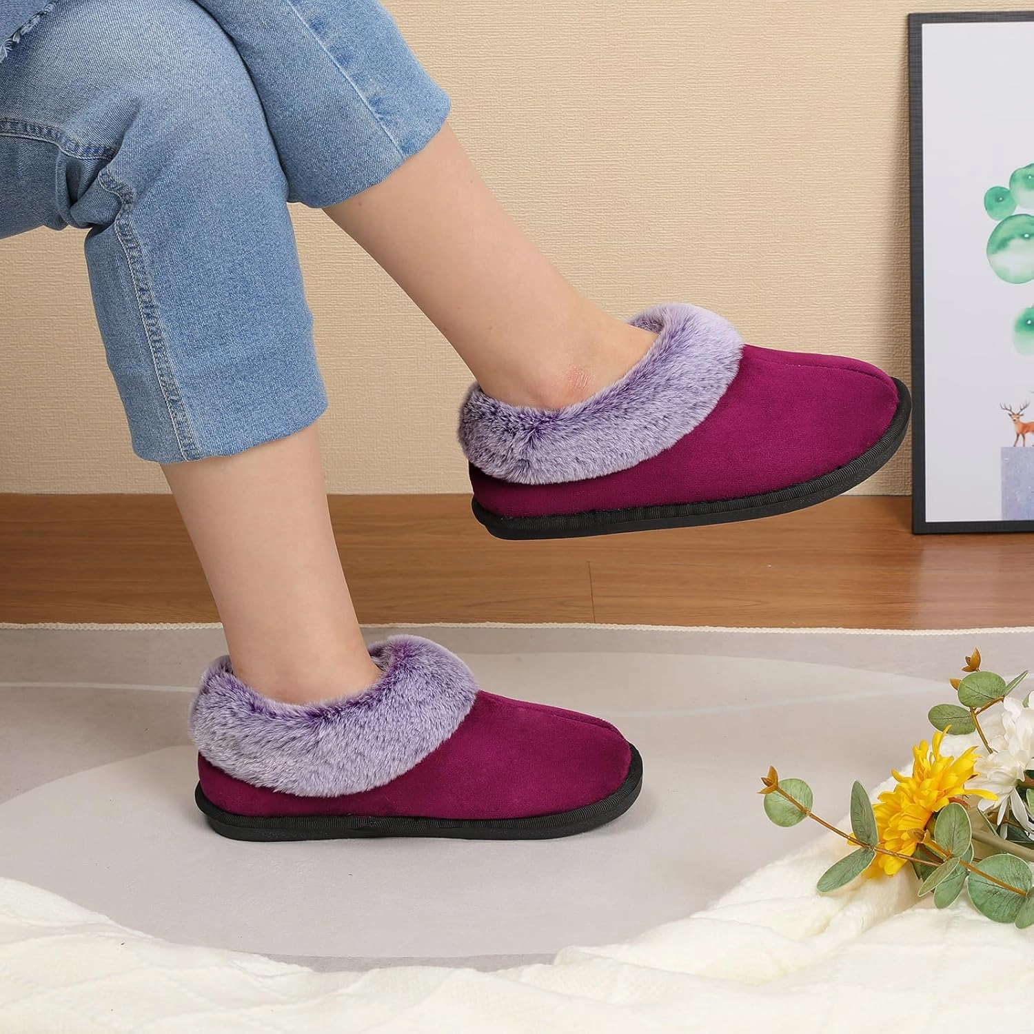 JOINFREE Women's Slippers Fuzzy House Shoes with Memory Foam Slip-on Comfy Bedroom Slippers Indoor Outdoor Shoes with Warm Faux Fur Collar